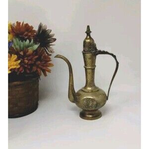 Vintage 9 " Brass Pitcher India Ewer Boho Gothic Decor‎ Oil Vessel Prop Cosplay